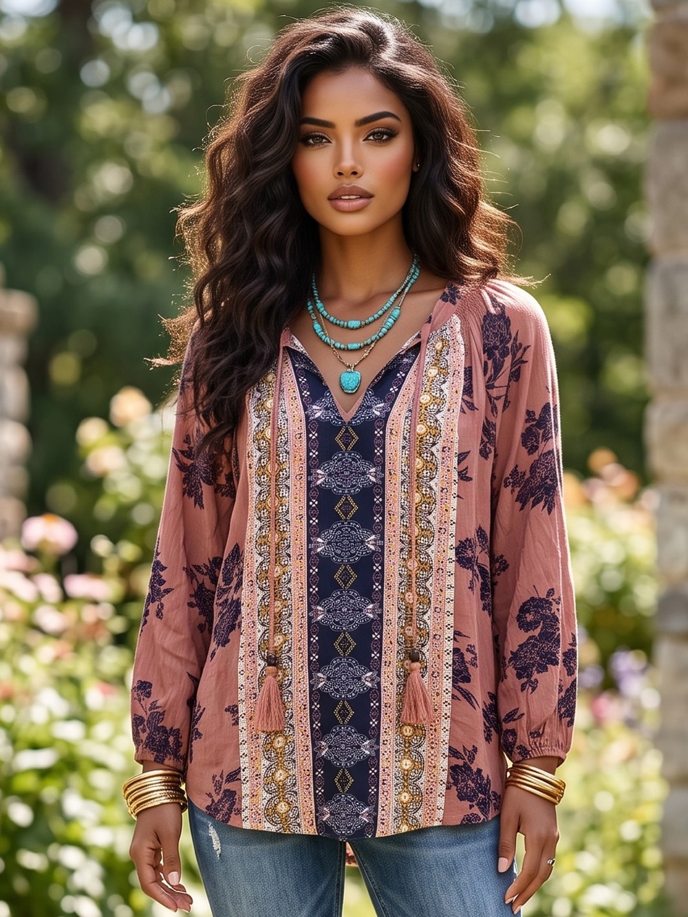 B806. Boho Chic Printed V-Neck Blouse